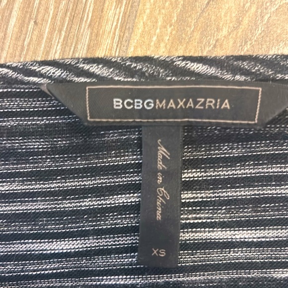 Knit v neck, attached front crossover detail. Black, grey,white thin stripes - Picture 2 of 5